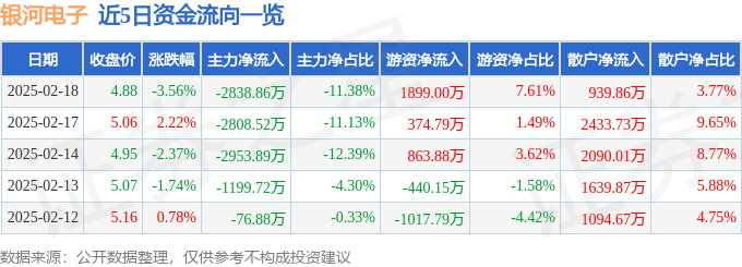 股票行情快报：银河电子（002519）2月18日主力资金净卖出2838.86万元