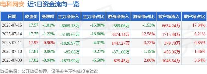 股票行情快报：电科网安（002268）7月15日主力资金净卖出6065.18万元