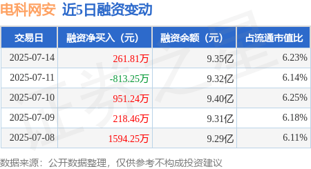 电科网安：7月14日融资买入3960.2万元，融资融券余额9.38亿元